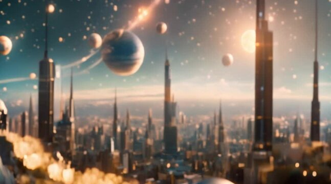 fantasy world. Stunning city view, with the planet in the background