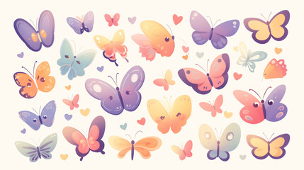 A delightful assortment of colorful cartoon butterflies with playful patterns, perfect for cheerful illustration designs on white background