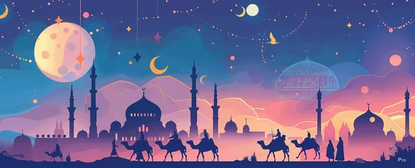 Rolgordijnen People on camels under moon, a night sky with stars, a mosque silhouette in the background © khozainuz
