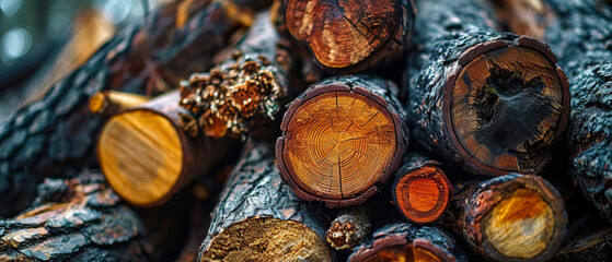 A vibrant pile of freshly cut firewood logs displaying a spectrum of colors and detailed wood grain textures