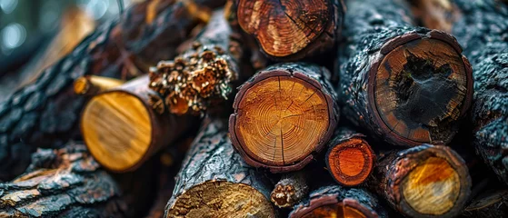 Papier Peint photo Lavable Texture du bois de chauffage A vibrant pile of freshly cut firewood logs displaying a spectrum of colors and detailed wood grain textures