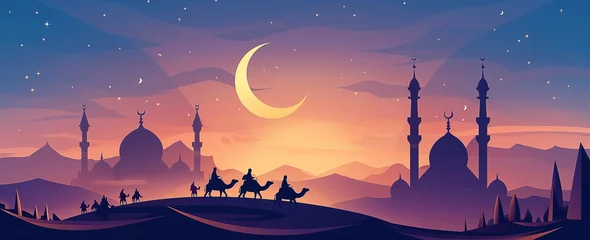  People on camels under moon, a night sky with stars, a mosque silhouette in the background © khozainuz