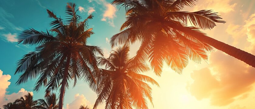 Transport yourself to a serene oasis with this vintage-inspired image capturing the beauty of palm trees against a backdrop of a stunning sunset