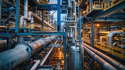 The intricate network of pipes and equipment within the refinery is a testament to the complexity and precision of the refining process.