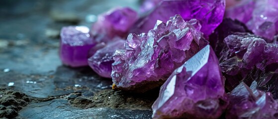 Detailed macro photography of deep purple amethyst crystal clusters with sharp edges and natural...