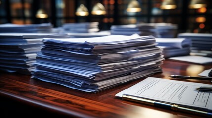Stacks of paper on a wooden desk in an office