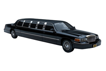 A 3D animated cartoon render of a shiny black limousine with a long body.