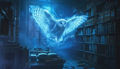 Foto auf Alu-Dibond Glowing owl spreads its wings in a study room, casting a serene blue glow. 🦉💙  MagicalStudying © Elzerl