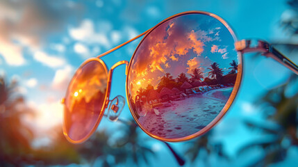 Aviator Sunglasses Revealing A Radiant Sunset And Beach Palms