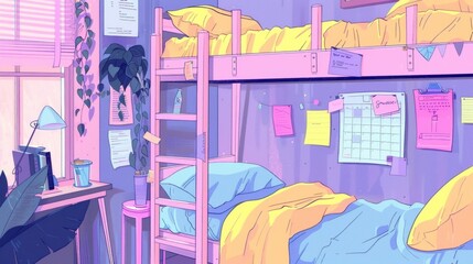 A shot of a bunk bed ladder adorned with sticky notes and study schedules serving as a reminder of the busy academic life of a dorm resident.