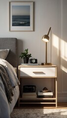 a nightstand in a modern bedroom at daylight, california style