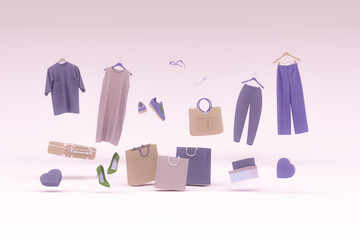 Women fashion dark purple accessories bag, high heels, perfume, lipstick, heart gift box in bag shopping on beige background. Advertisement idea. Creative compositing. 3d render, social media	
