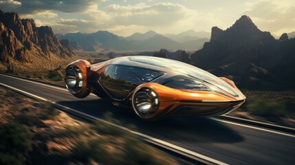Futuristic orange car driving on a mountain road