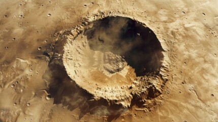 A satellite view of a circular depression surrounded by jagged rock formations and dust marking a large crater in the ground. - obrazy, fototapety, plakaty
