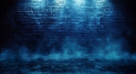 Mysterious blue brick wall enveloped in fog, illuminated by a glowing spotlight, creating an eerie ambiance. - obrazy, fototapety, plakaty