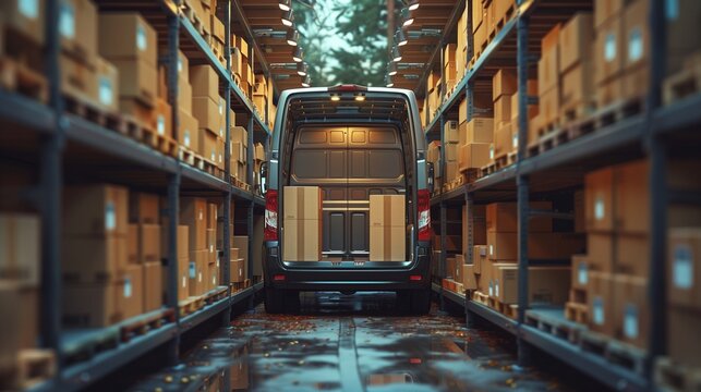 In the van's rear view, numerous cardboard boxes fill the space, suggesting a busy delivery