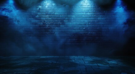 Spectral blue wall with swirling fog, casting a mesmerizing glow that hints at untold stories and hidden depths.