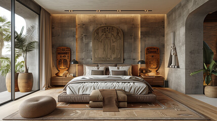 Modern Bedroom with Egyptian-Inspired Decor and Tropical View