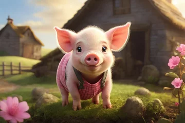 Foto op Plexiglas Cute pig in the farm - illustration for children. 3D rendering © Юлия Васильева