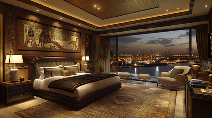 Fototapeta premium Luxurious Bedroom Interior with Egyptian Theme Overlooking City Nightscape
