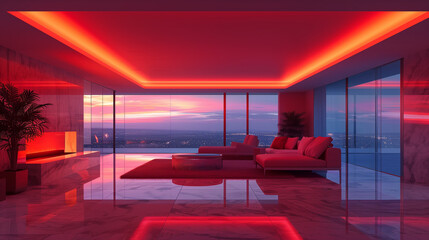 Modern Living Room Interior with Red Neon Lighting and City View