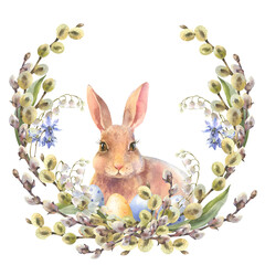 Watercolor peach rabbit is sitting in the flowers wreath. Easter bunny and yellow chick, decorative eggs yellow, blue, violet. Template for designs , card, wallpaper