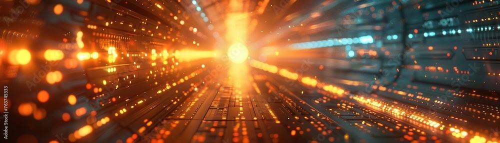 Poster High-Speed Technology Tunnel with Motion Blur and Glowing Data Lines Representing Fast Data Transfer