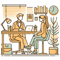 a girl meeting with her office, minimal design, outline with solid fill color, background white vector illustration line art 1