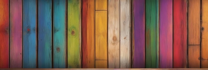 a close-up of a wooden fence painted in a rainbow of colors