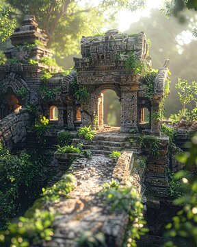 Ancient Ruins, Stone, Mystical, Exploring an overgrown forgotten temple, bathed in soft sunlight, 3D render
