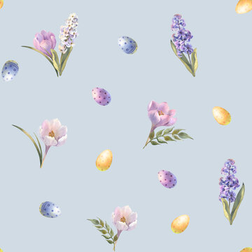 Watercolor Easter seamless pattern. Hand painted holiday wallpaper design with colored eggs and spring flowers on blue background. Vintage style spring texture