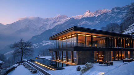 Modern Mountain Villa at Dusk with Snowy Landscape