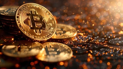 Bitcoin BTC golden coins atop a chart, illustrating blockchain technology and the concept of bitcoin mining