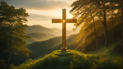 Fotobehang Holy cross symbolizing the death and resurrection of jesus christ with dramatic sky view © gfxsunny