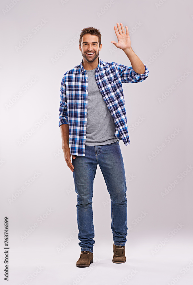 Aufkleber man, portrait and wave hello in studio for happy greeting on white background or communication, frie