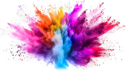 Craft an image with a vibrant and dynamic explosion of colored powder against a stark white background. 