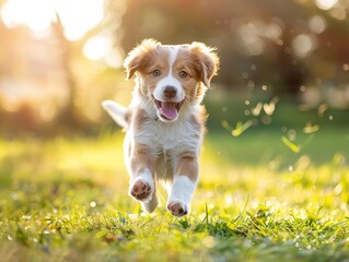 Training session with puppy, mid-shot in a sunny park, vibrant and lively, capturing joy and focus