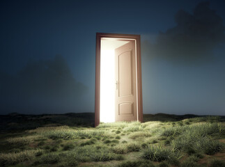 Opened door in the nature to the space. Escape and opportunity concept.