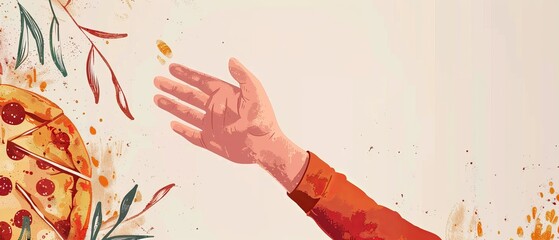 This illustration shows a hand grasping a pizza. Halftone collage with colorful doodles. Modern banner on noisy background. - obrazy, fototapety, plakaty