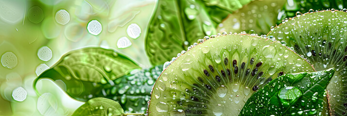 kiwi fruit slices with leaves and water drops, generative AI