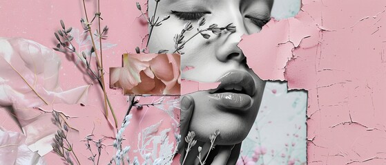 For the 14th of February, art collage design with halfhand and lips. Contemporary banner template, cut out on pink glued texture. New wave style for Generation Z. - obrazy, fototapety, plakaty