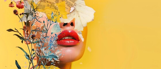 Modern design. Contemporary art. Colorful collage featuring summer emotions. The body is headed by a large female lip on a yellow background. Negative space allows for you to add your own text. - obrazy, fototapety, plakaty