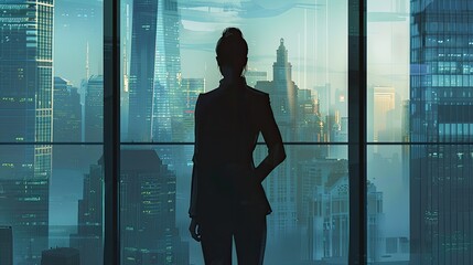 A confident businesswoman, standing in front of a large window and looking out over the city skyline