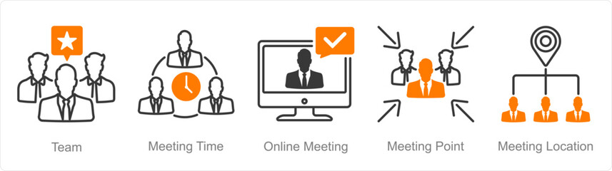 A set of 5 Meeting icons as team, meeting time, online meeting