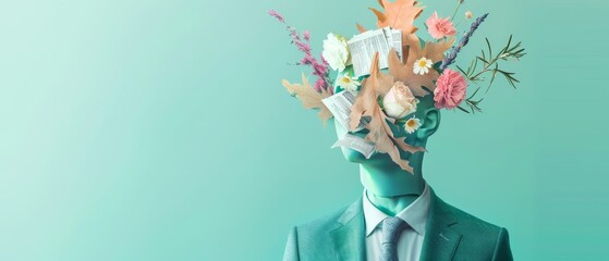 The office man is headed by a bright statue on a green background. He has a headache. There is a negative space where you can write. Contemporary colorful and conceptual art collage. - obrazy, fototapety, plakaty
