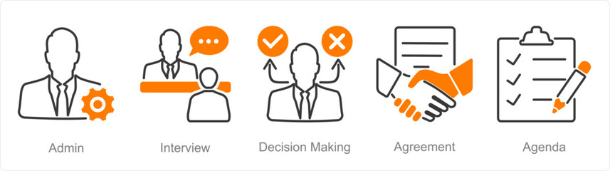 A set of 5 Meeting icons as admin, interview, decision making