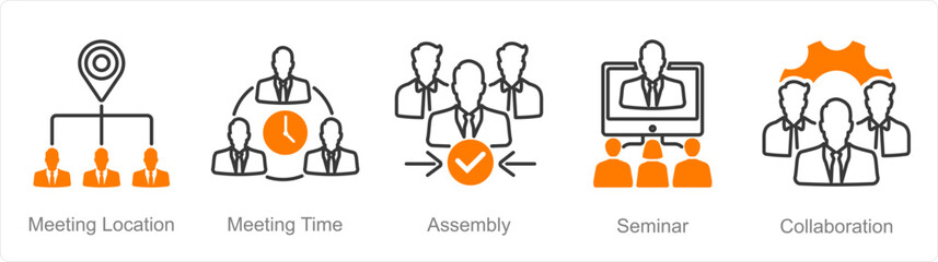 A set of 5 Meeting icons as meeting location, meeting time, assembly