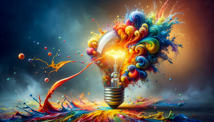 Explosive creativity concept with a light bulb and vibrant splashes of paint.
