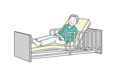 ベッドで横になる高齢男性と介護ベッドのイラスト