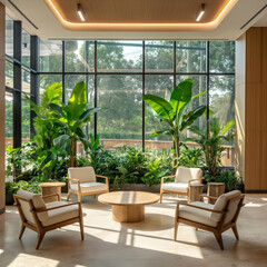 Indoor tropical oasis with minimalist design. A modern lobby with towering windows, surrounded by vibrant plants and sleek, minimalist sitting areas